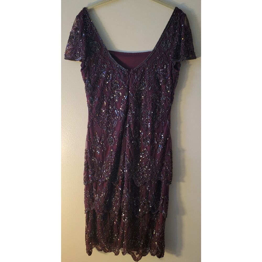 Pissaro Nights Dress Womens Sz 6 Wine Tiered Beaded Knee Length Back Zip Formal